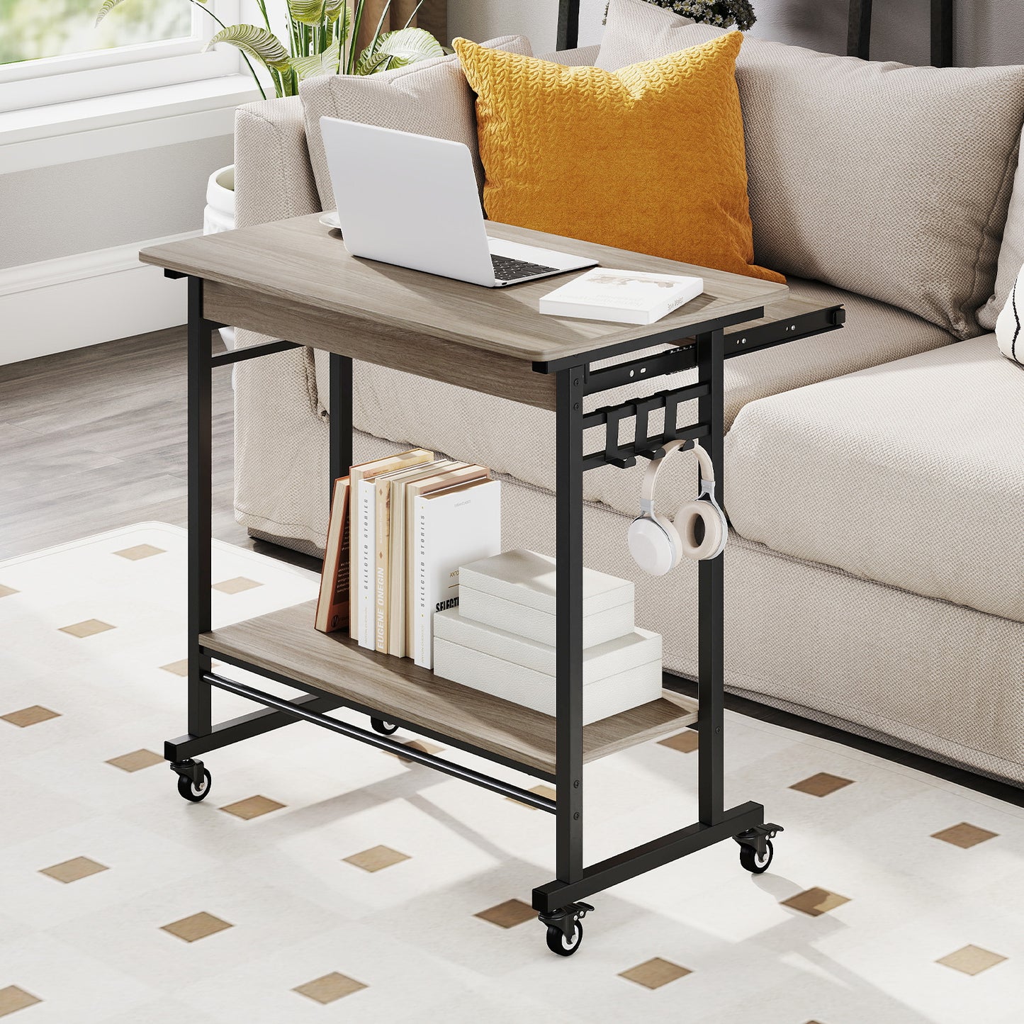 Rolling Laptop Table with Pull-out Keyboard Tray and Hooks-Grey