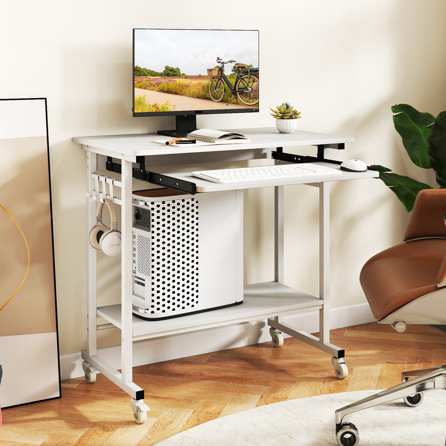 Rolling Laptop Table with Pull-out Keyboard Tray and Hooks-Grey