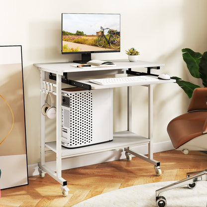 Rolling Laptop Table with Pull-out Keyboard Tray and Hooks-Grey