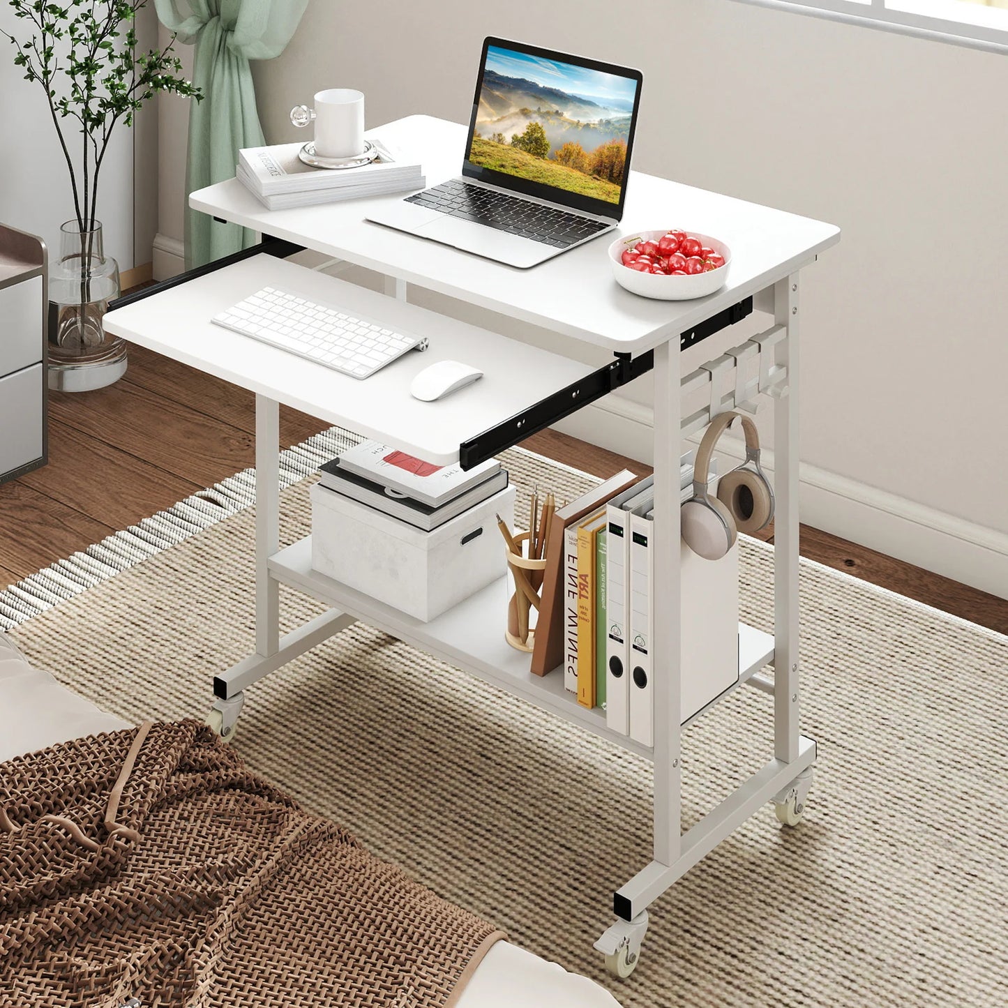 Rolling Laptop Table with Pull-out Keyboard Tray and Hooks-Grey