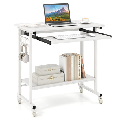 Rolling Laptop Table with Pull-out Keyboard Tray and Hooks-Grey