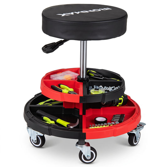 Red rolling mechanic stool with cushioned seat and five wheels, supports up to 330 lbs, ideal for garage and outdoor storage.