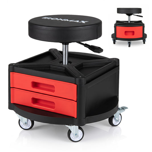 Red rolling mechanic stool with cushioned seat and dual tool trays, supporting up to 330 lbs, for garage or outdoor storage use.