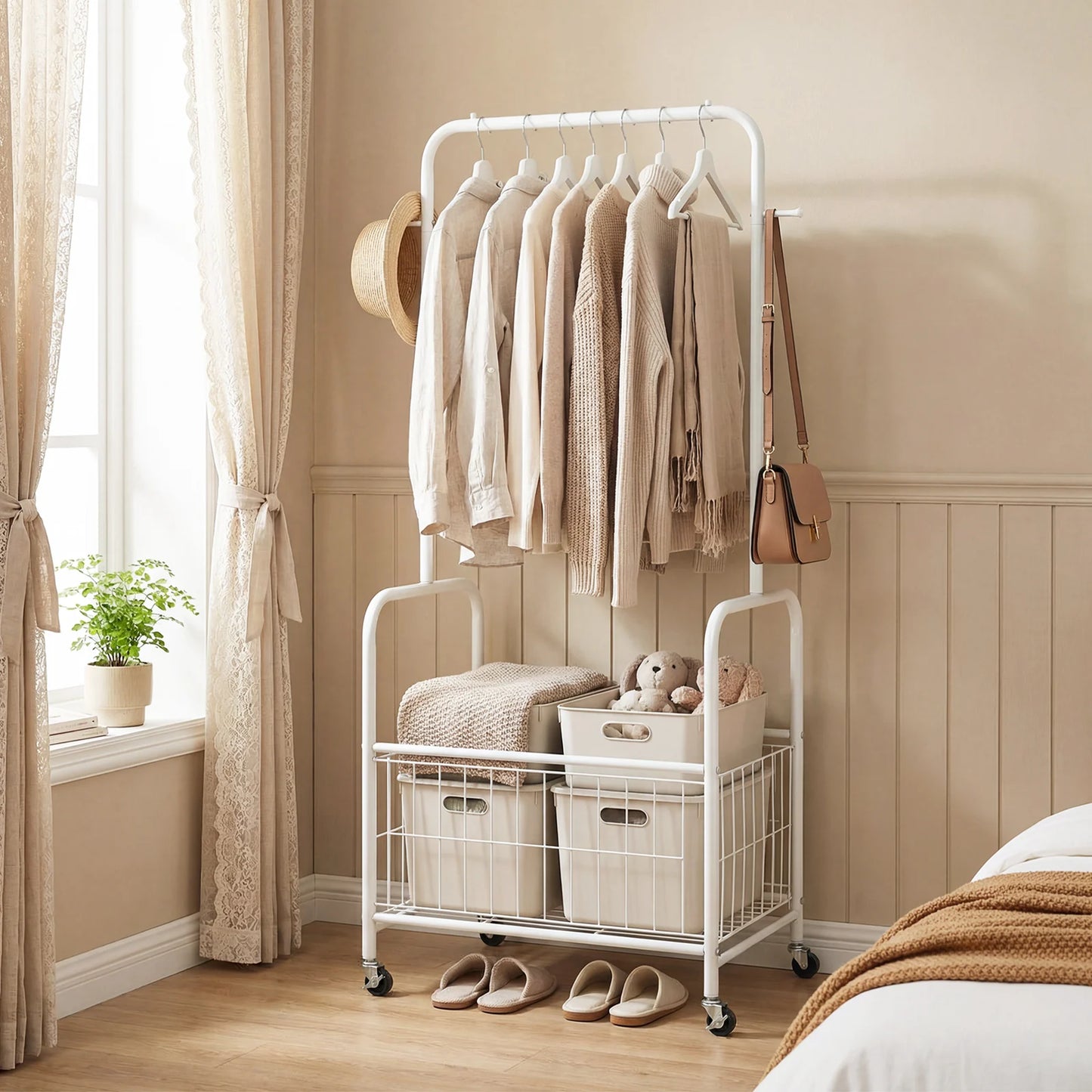 Rolling Metal Clothes Rack with Hanging Rod and Storage Basket-Black