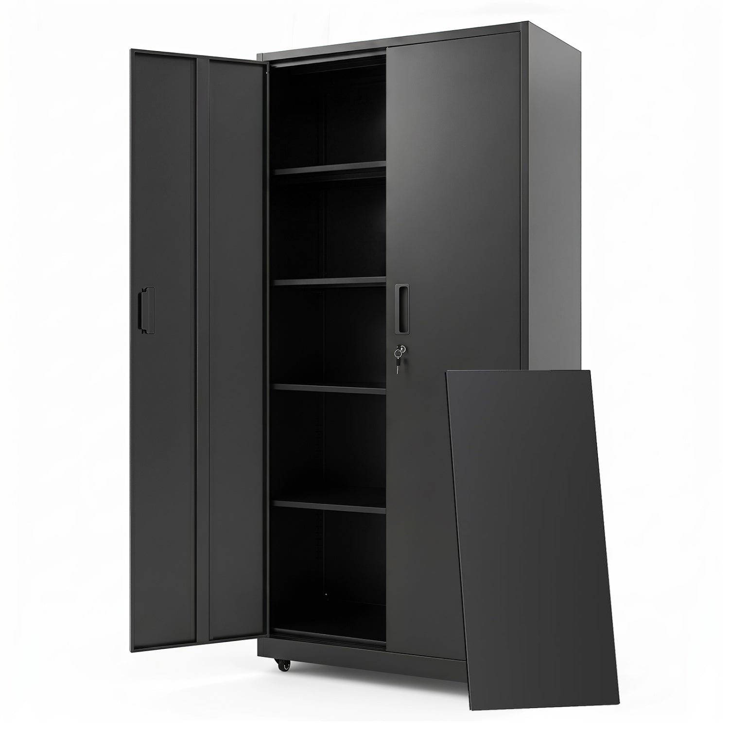 Black rolling metal storage cabinet with lock, 73 inches tall, four smooth wheels, ideal for home office file organization