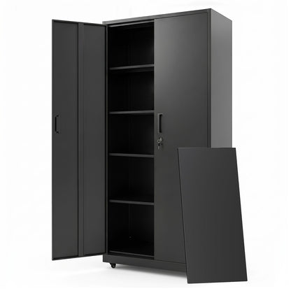 Black rolling metal storage cabinet with lock, 73 inches tall, four smooth wheels, ideal for home office file organization