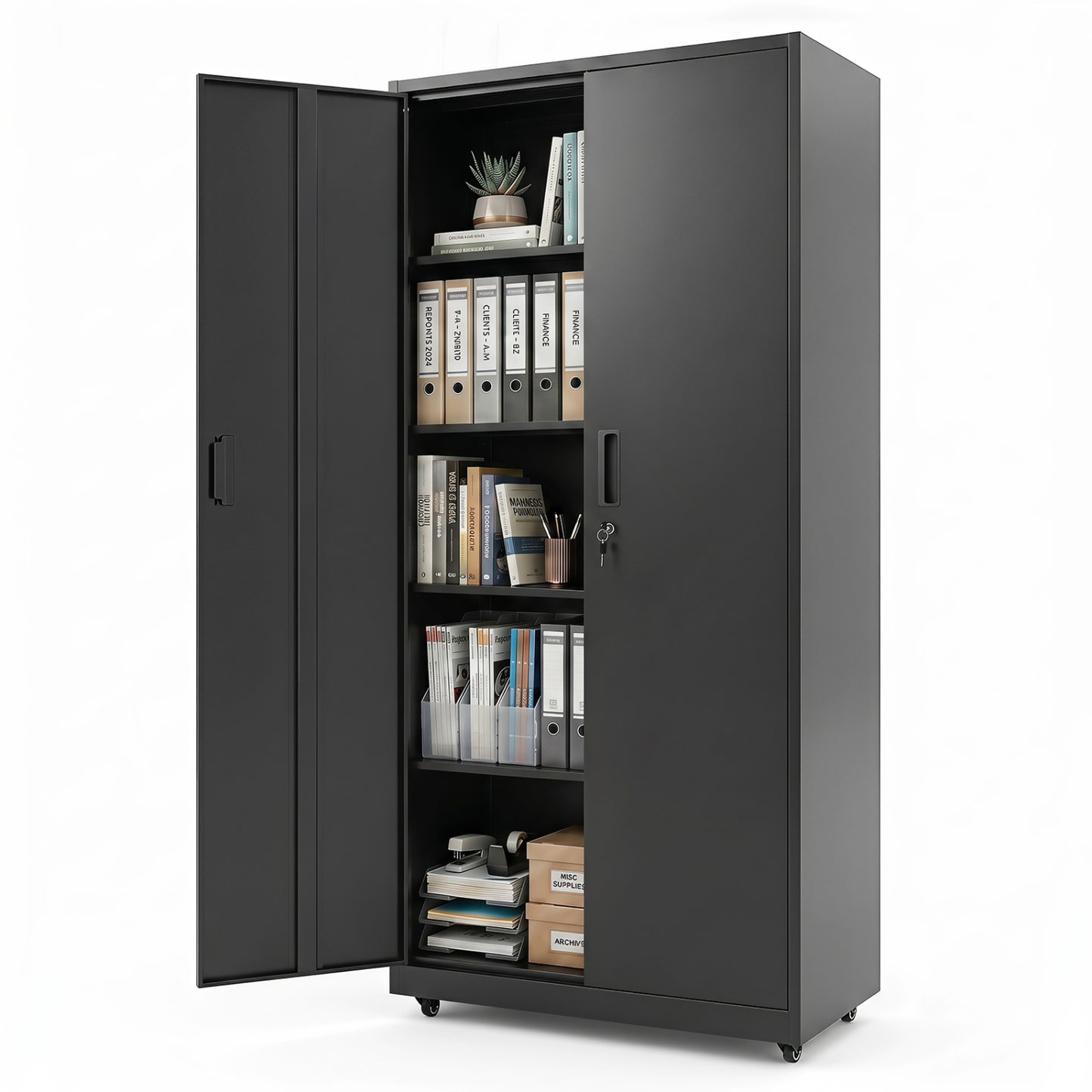 Black rolling metal storage cabinet with lock, four smooth wheels, 73 inches tall, ideal for home office file organization.