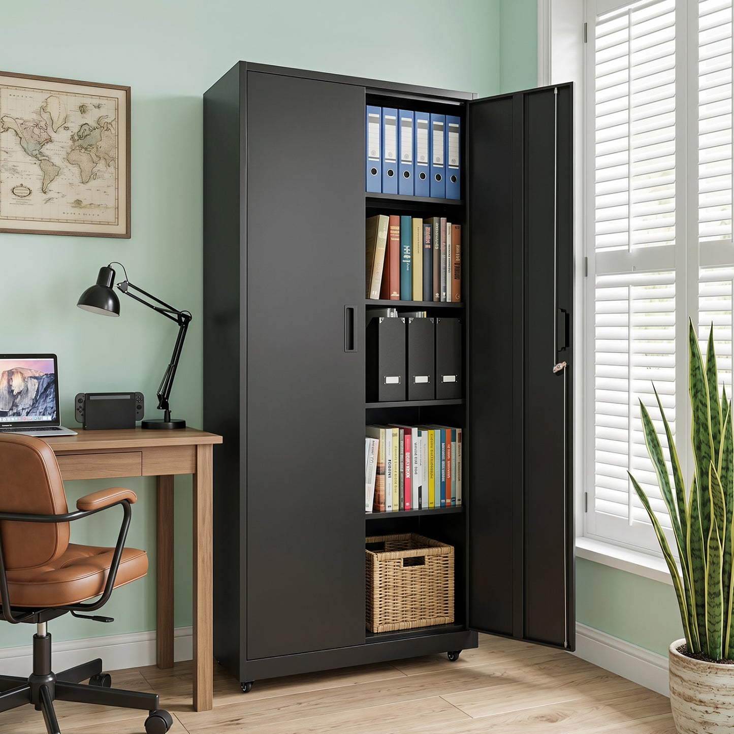 Black rolling metal storage cabinet with lock, 73 inches tall, four smooth wheels, ideal for home office file storage.