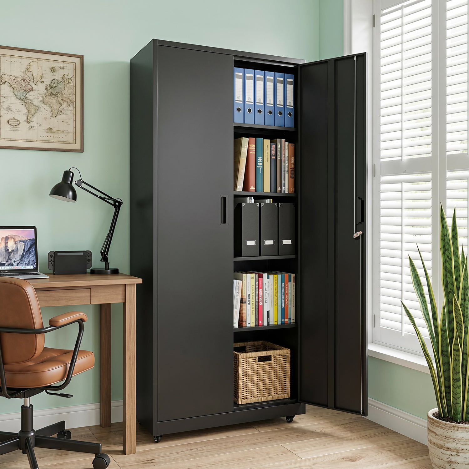 Black rolling metal storage cabinet with lock, 73 inches tall, four smooth wheels, ideal for home office file storage.