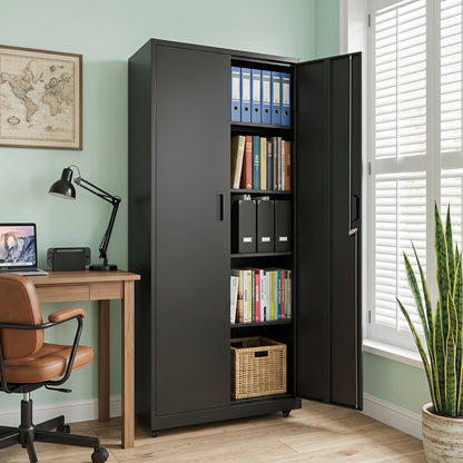 Black rolling metal storage cabinet with lock, 73 inches tall, four smooth wheels, ideal for home office file storage.