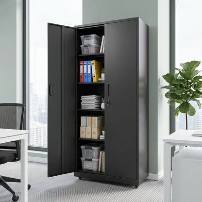 Black rolling metal storage cabinet with lock, 73 inches tall, four smooth wheels, ideal for home office file organization.