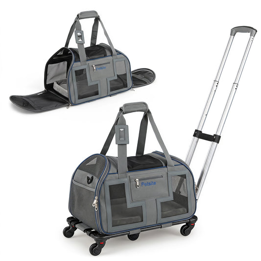 Rolling Pet Carrier with Wheels & Telescopic Handle and Mesh Windows for Pets-Blue