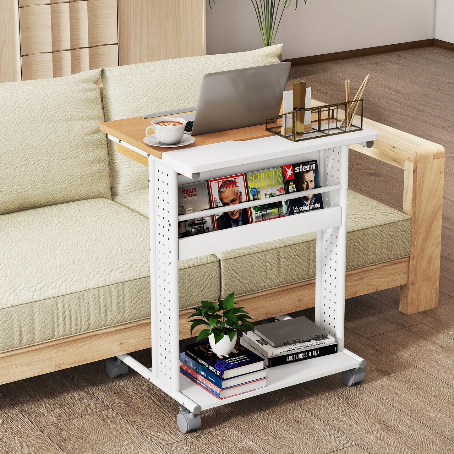 Rolling Portable Desk Laptop Desk with Tilting Tabletop Hidden Compartment-Natural