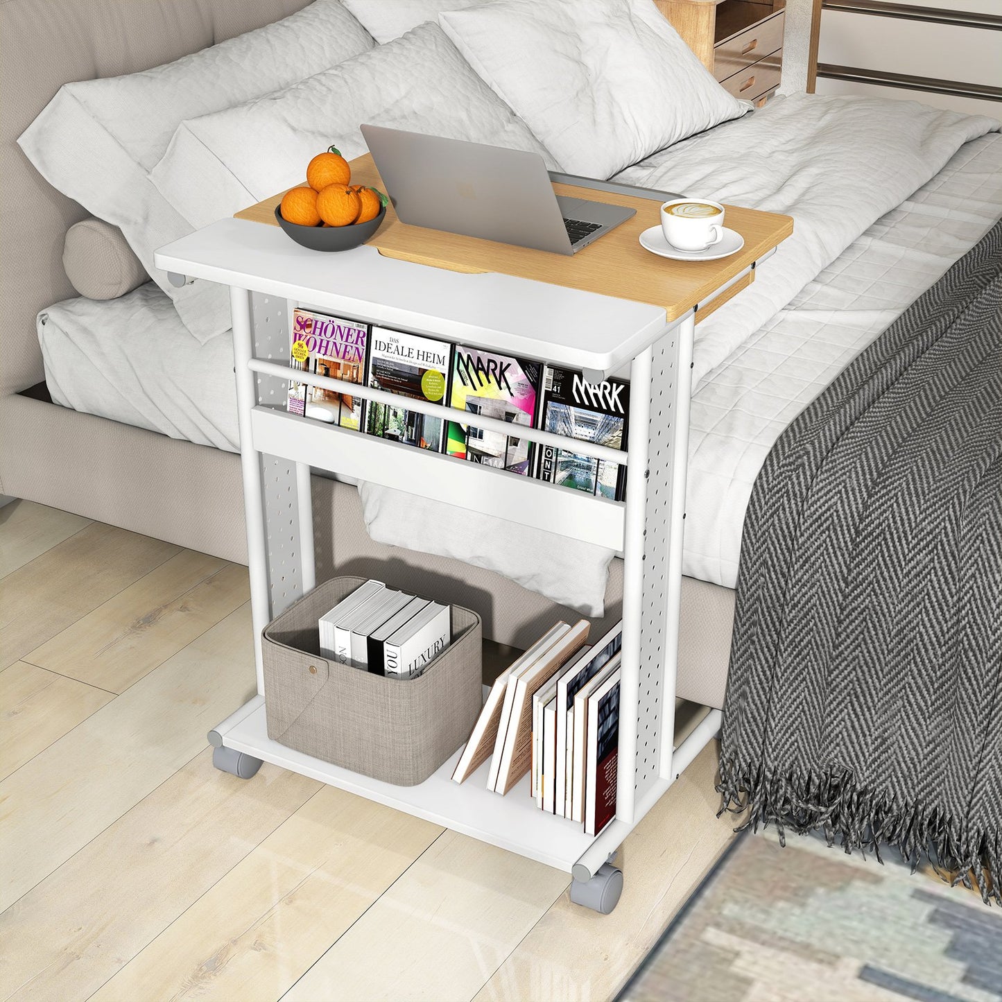 Rolling Portable Desk Laptop Desk with Tilting Tabletop Hidden Compartment-Natural
