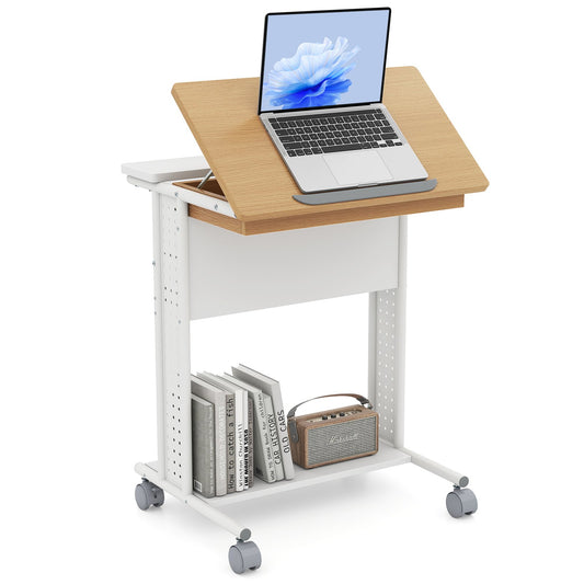 Rolling Portable Desk Laptop Desk with Tilting Tabletop Hidden Compartment-Natural