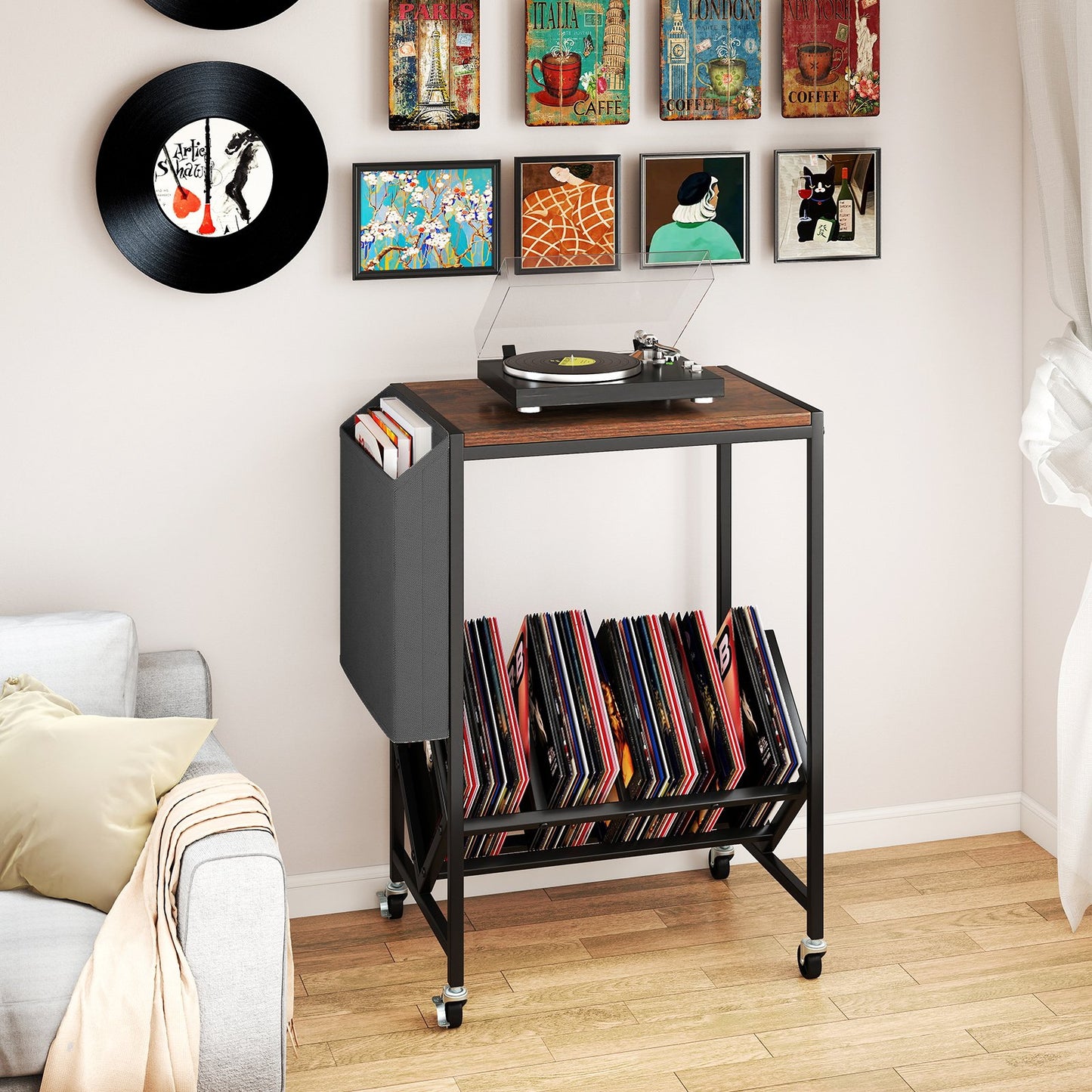 Rolling Record Player Stand 2-Tier with Vinyl Storage and Magazine Holder Bag-Natural