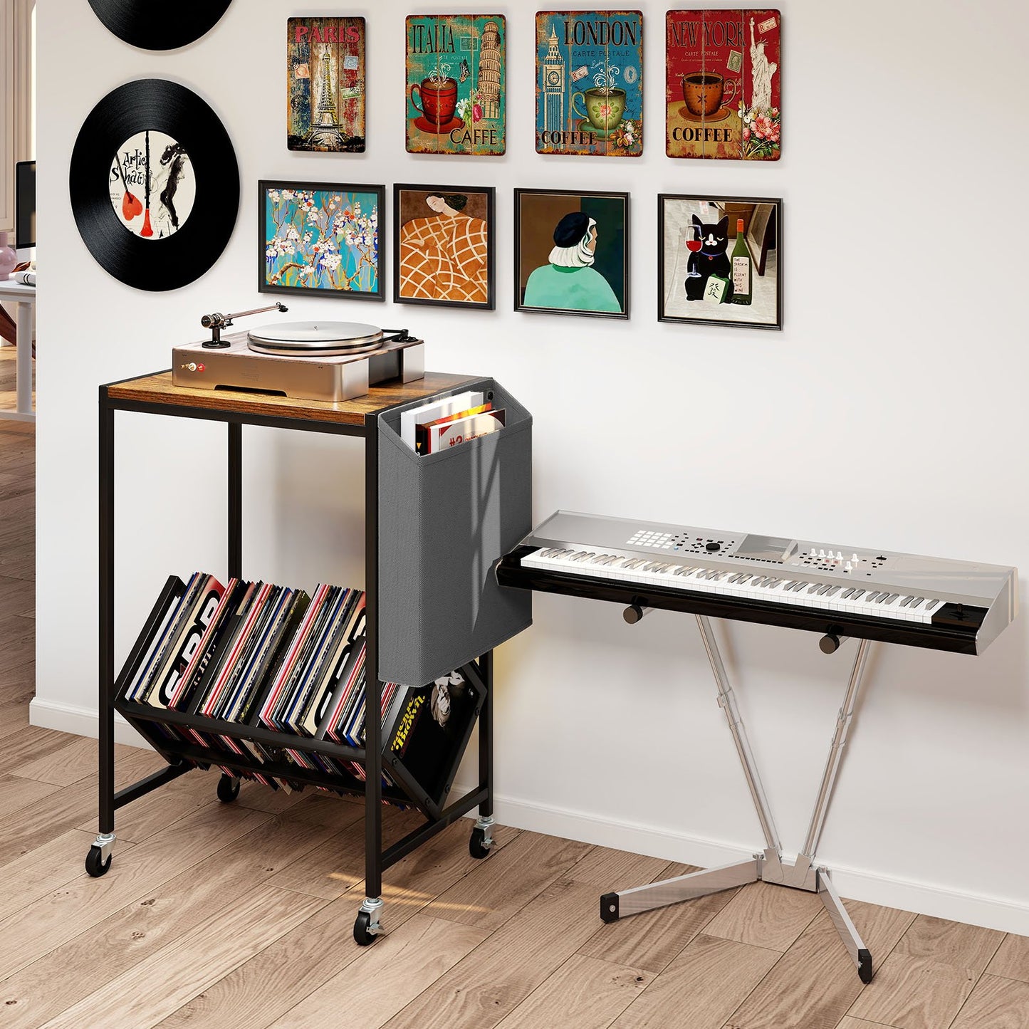 Rolling Record Player Stand 2-Tier with Vinyl Storage and Magazine Holder Bag-Natural