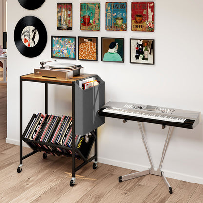 Rolling Record Player Stand 2-Tier with Vinyl Storage and Magazine Holder Bag-Natural