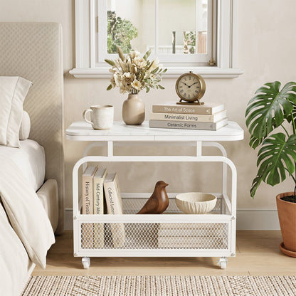 White 2-tier rolling side table with mesh storage basket, compact end table for living room from Wilsons Home Store.
