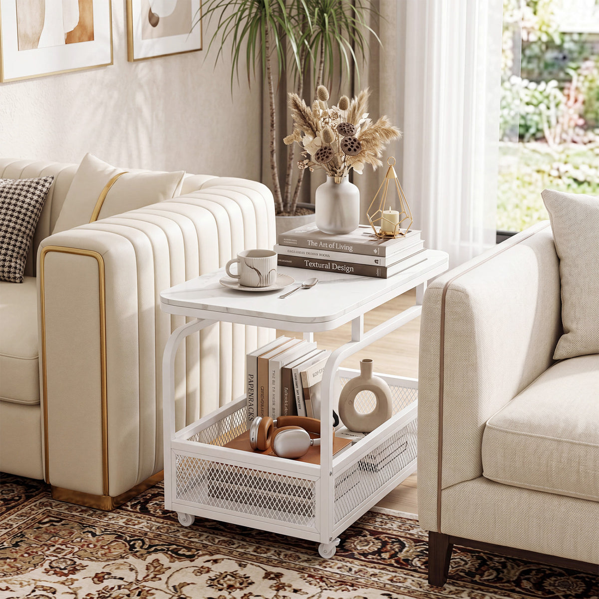 White 2-tier rolling side table with mesh storage basket, perfect for living room use, by Wilsons Home Store.