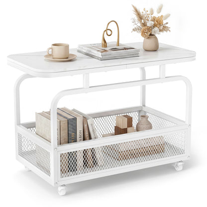 White 2-tier rolling side table with mesh storage basket, ideal for living room use, by Wilsons Home Store.