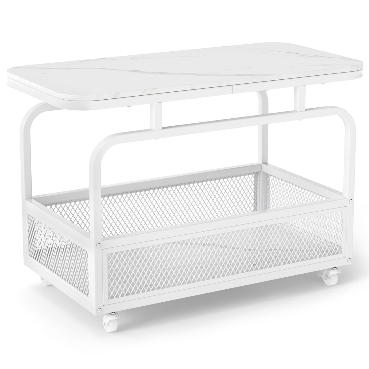 White rolling 2-tier side table with mesh storage basket, lightweight end table for living room use.