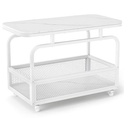 White rolling 2-tier side table with mesh storage basket, lightweight end table for living room use.