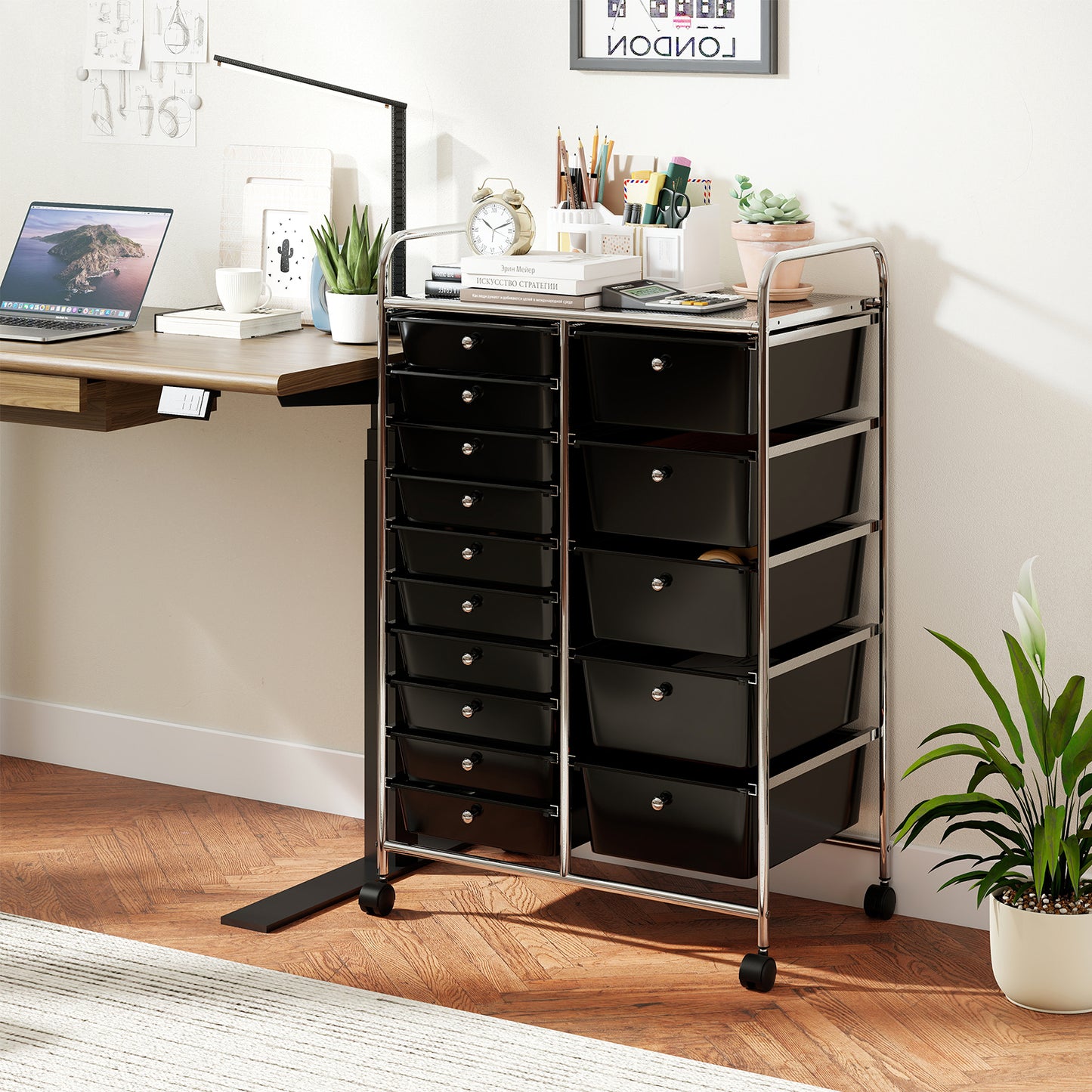 Rolling Storage Cart 15-Drawer Trolley with Chrome Plated Metal Frame-Black