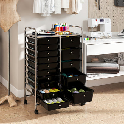 Rolling Storage Cart 15-Drawer Trolley with Chrome Plated Metal Frame-Black