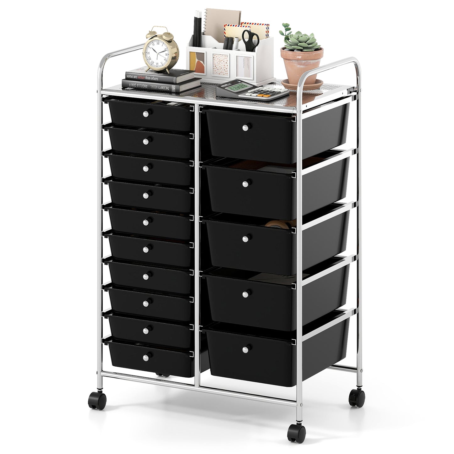 Rolling Storage Cart 15-Drawer Trolley with Chrome Plated Metal Frame-Black