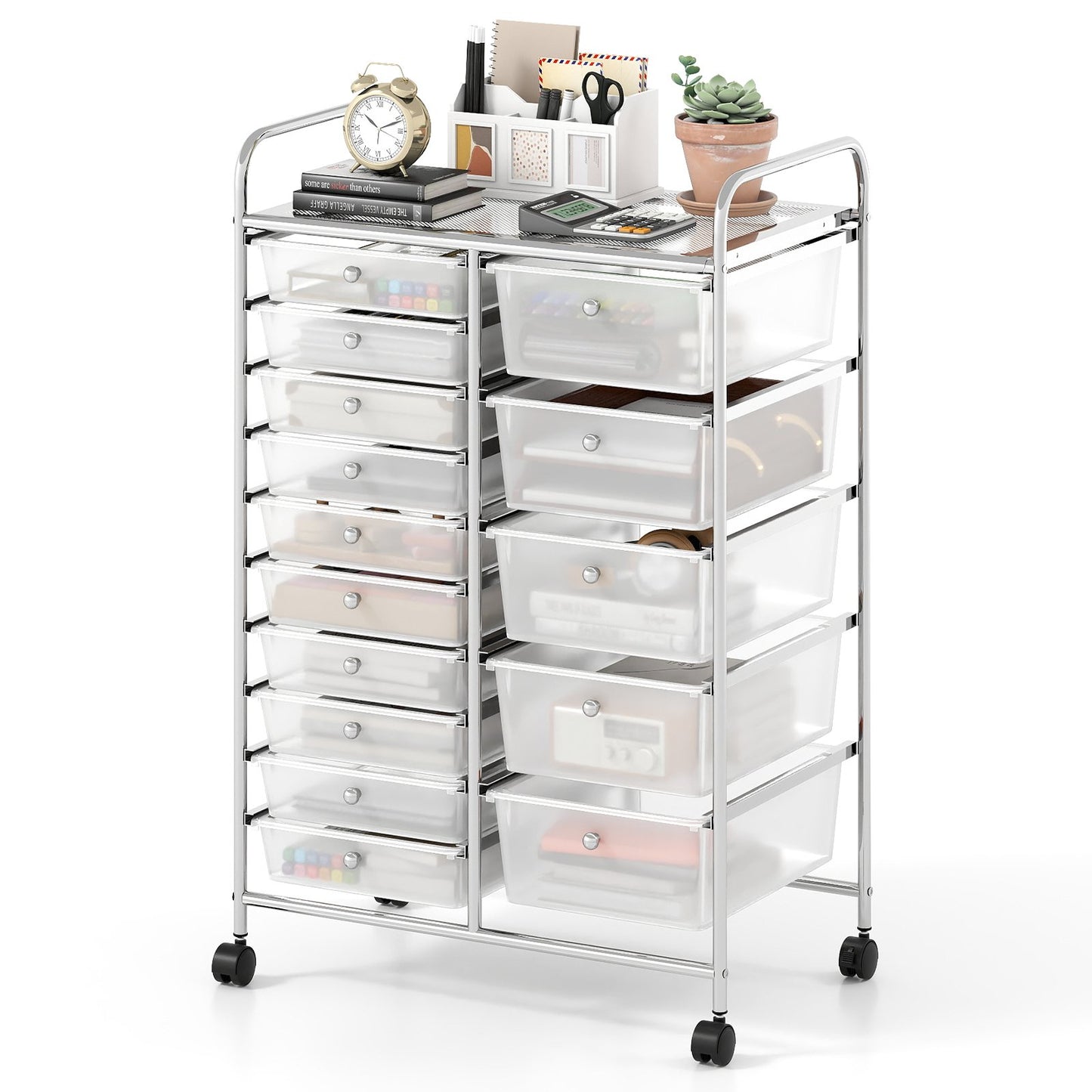 Rolling Storage Cart 15-Drawer Trolley with Chrome Plated Metal Frame-Black