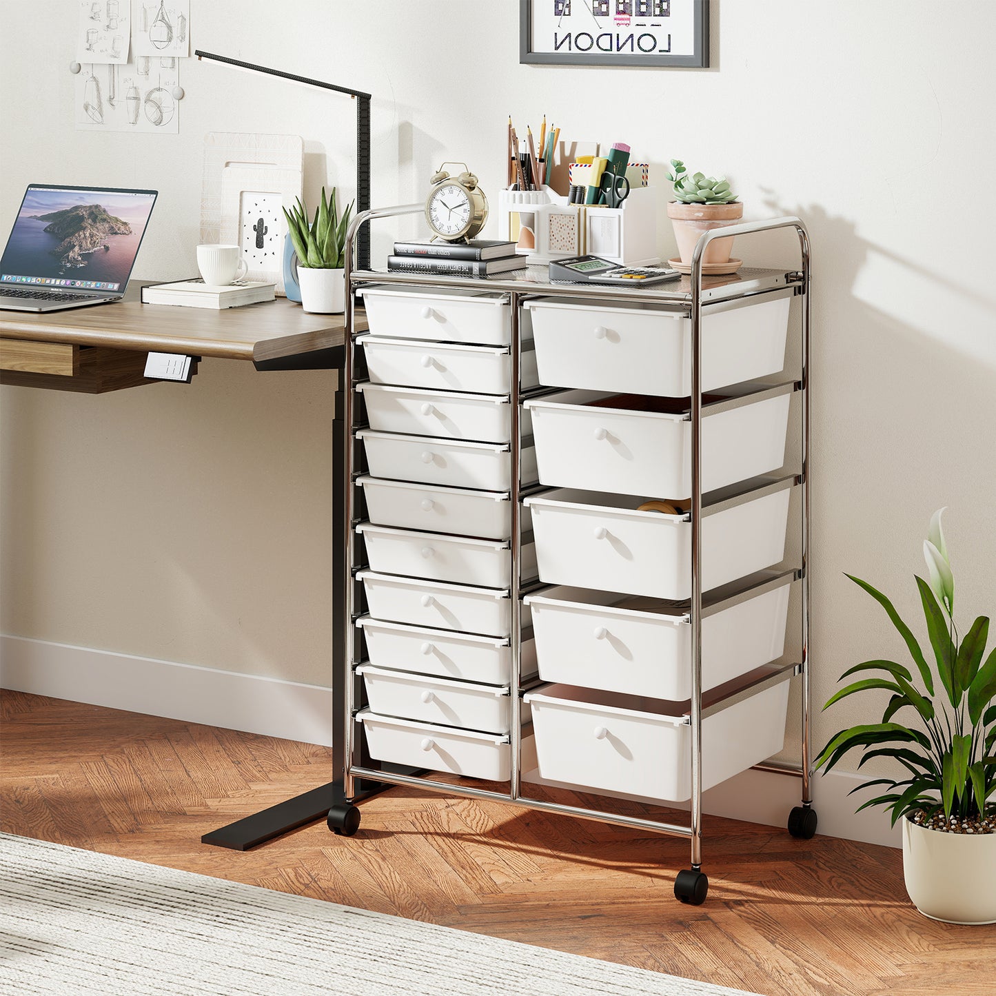 Rolling Storage Cart 15-Drawer Trolley with Chrome Plated Metal Frame-Black