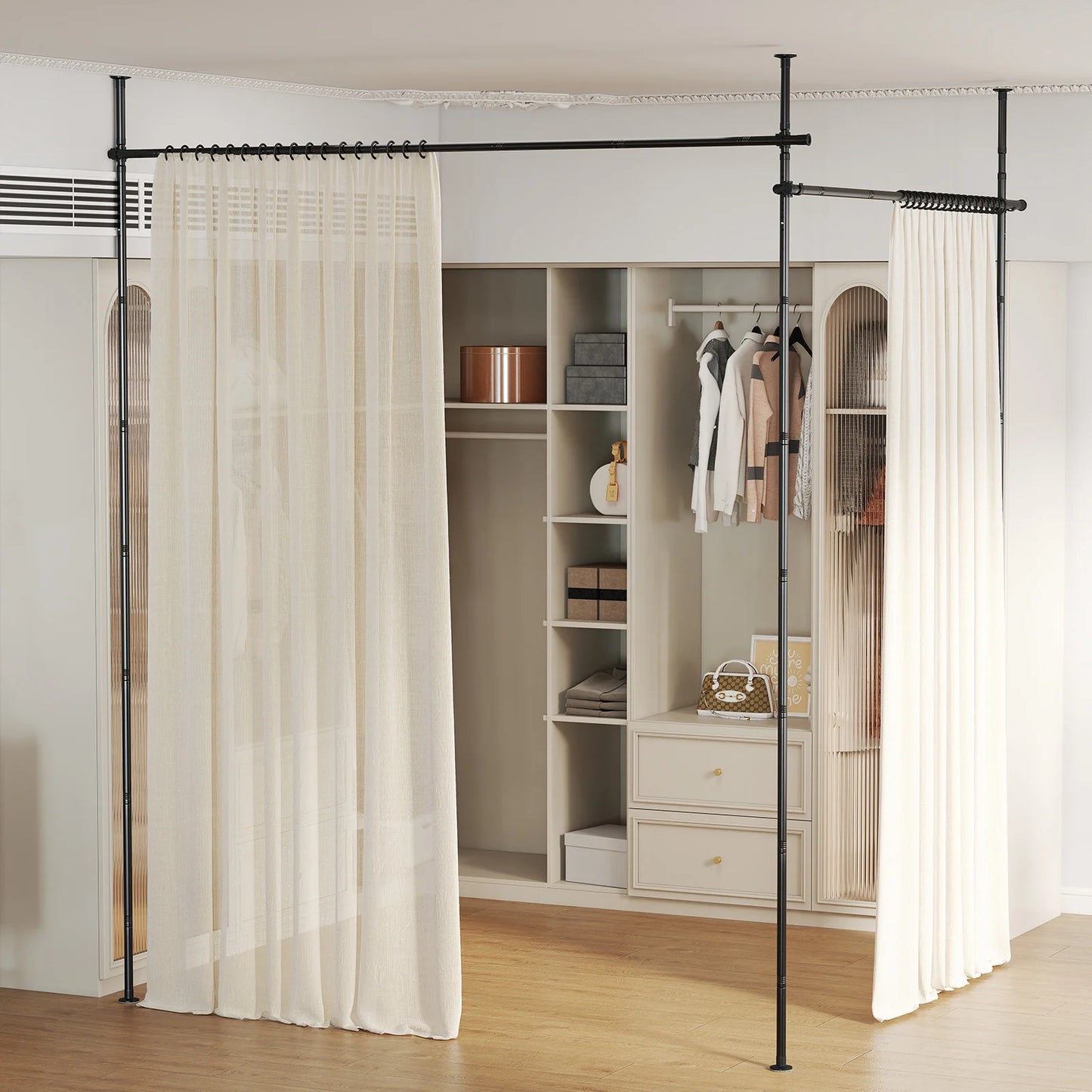 Room Divider Curtain Rod with Adjustable Floor to Ceiling Tension Rod (Curtains Not Included)-Black