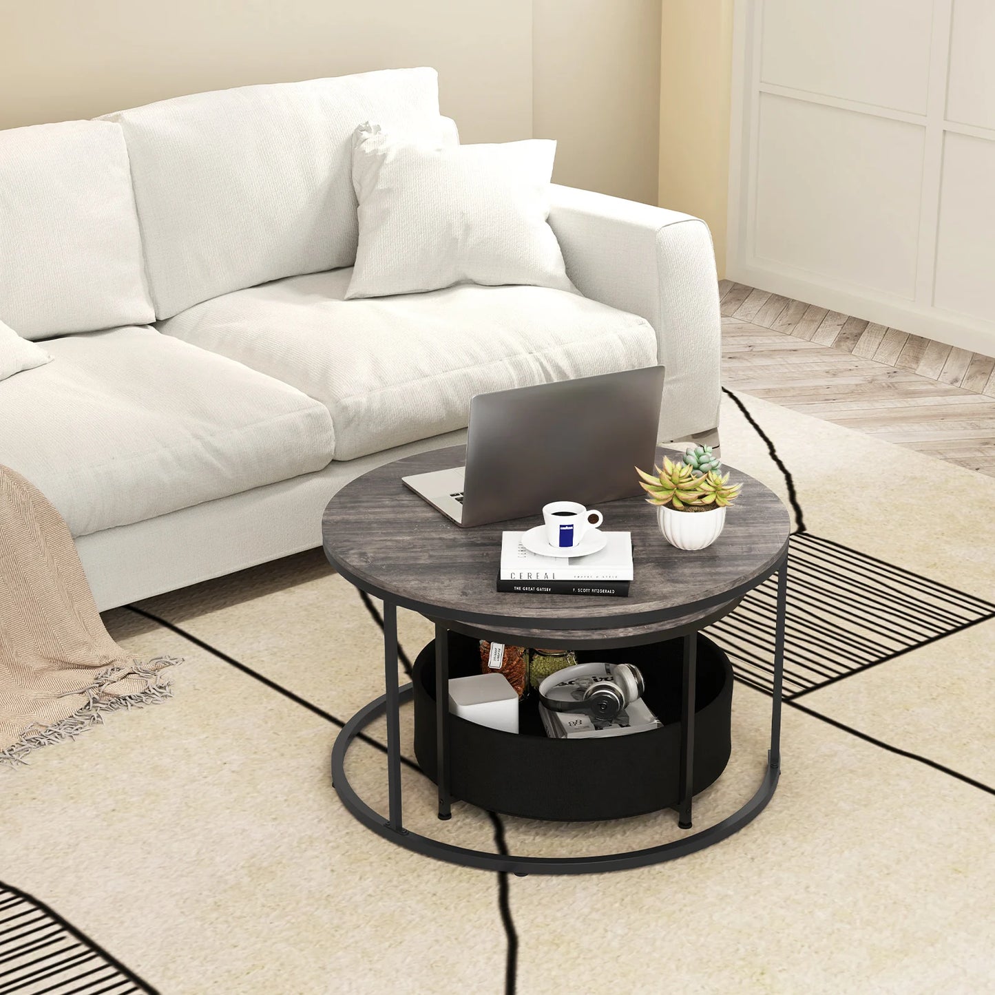 Round Coffee Table Set of 2 31.5" and 24" Circle Cocktail Table with Fabric Storage Basket-Gray