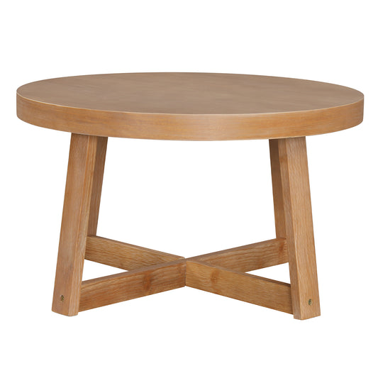Yellow round coffee table for living room with farmhouse style, 30-inch diameter, featuring sturdy rubber wood legs.