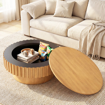 Round Coffee Table with Storage Modern Wooden Drum Coffee Table with Hidden Compartment-Natural