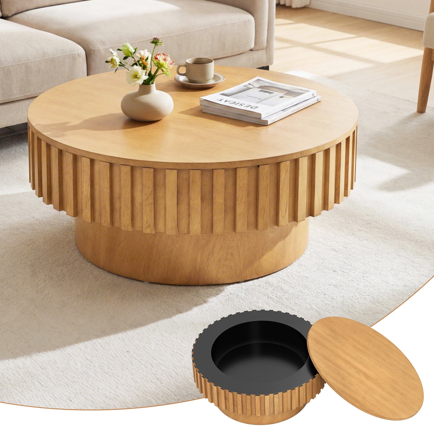 Round Coffee Table with Storage Modern Wooden Drum Coffee Table with Hidden Compartment-Natural