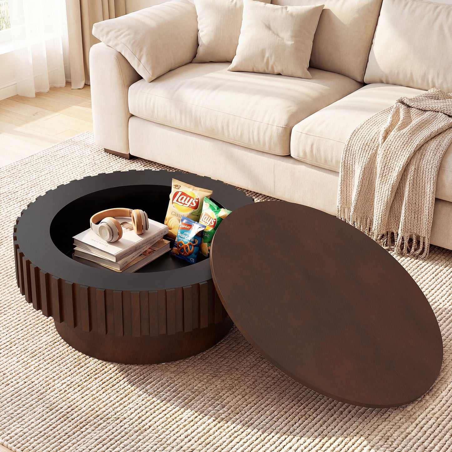 Round Coffee Table with Storage Modern Wooden Drum Coffee Table with Hidden Compartment-Natural