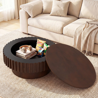 Round Coffee Table with Storage Modern Wooden Drum Coffee Table with Hidden Compartment-Natural