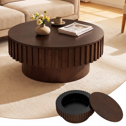 Round Coffee Table with Storage Modern Wooden Drum Coffee Table with Hidden Compartment-Natural