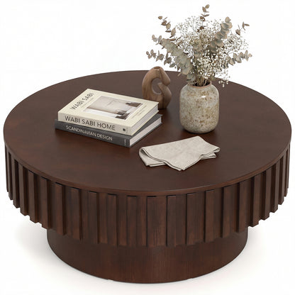 Round Coffee Table with Storage Modern Wooden Drum Coffee Table with Hidden Compartment-Natural