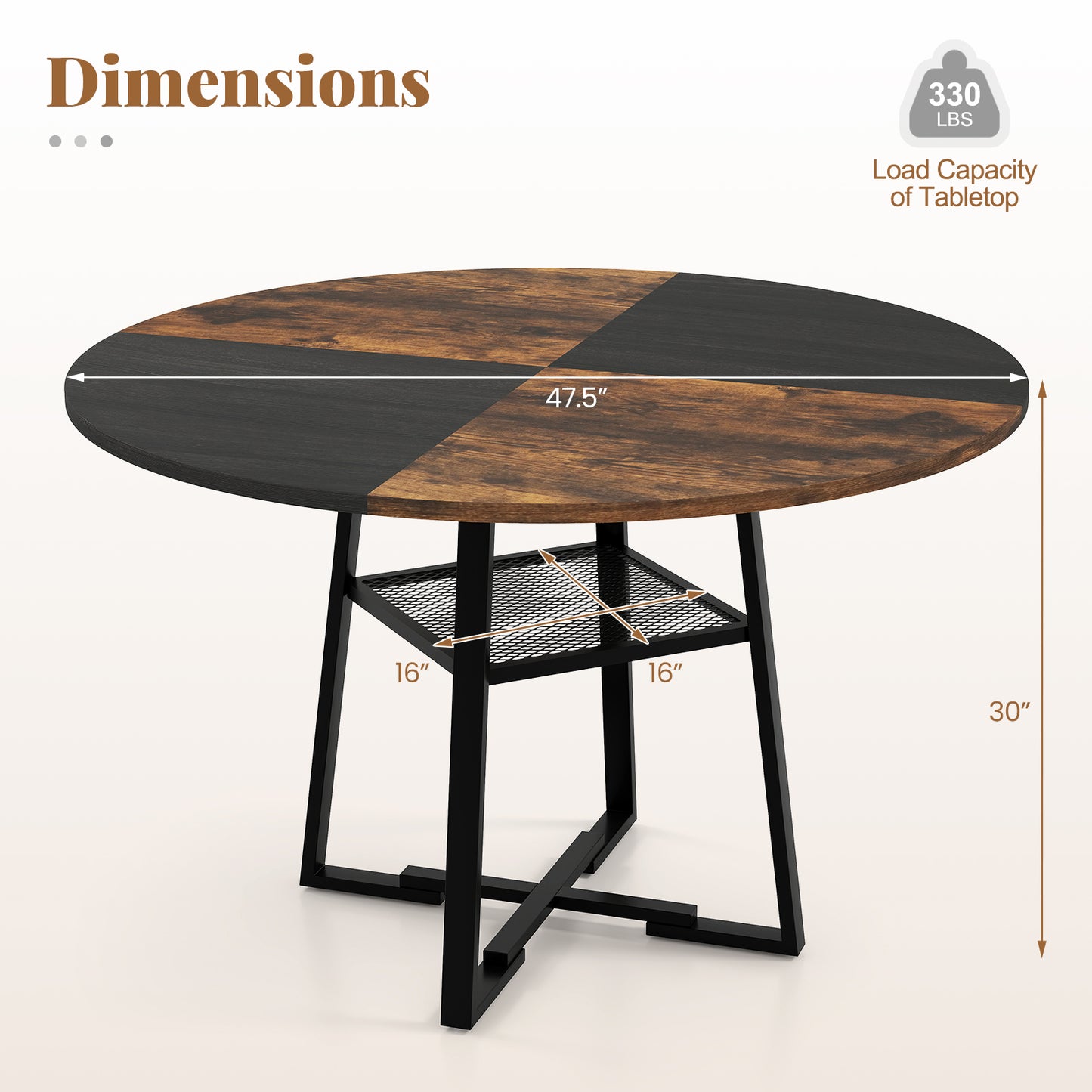 Round Dining Table for 4-6 with Storage Shelf and Metal Legs-Black