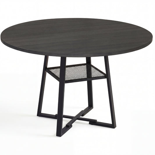 Round Dining Table for 4-6 with Storage Shelf and Metal Legs-Black