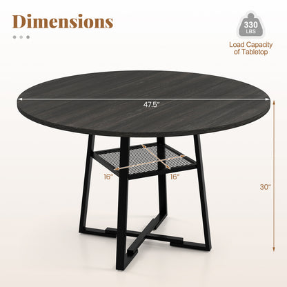 Round Dining Table for 4-6 with Storage Shelf and Metal Legs-Black