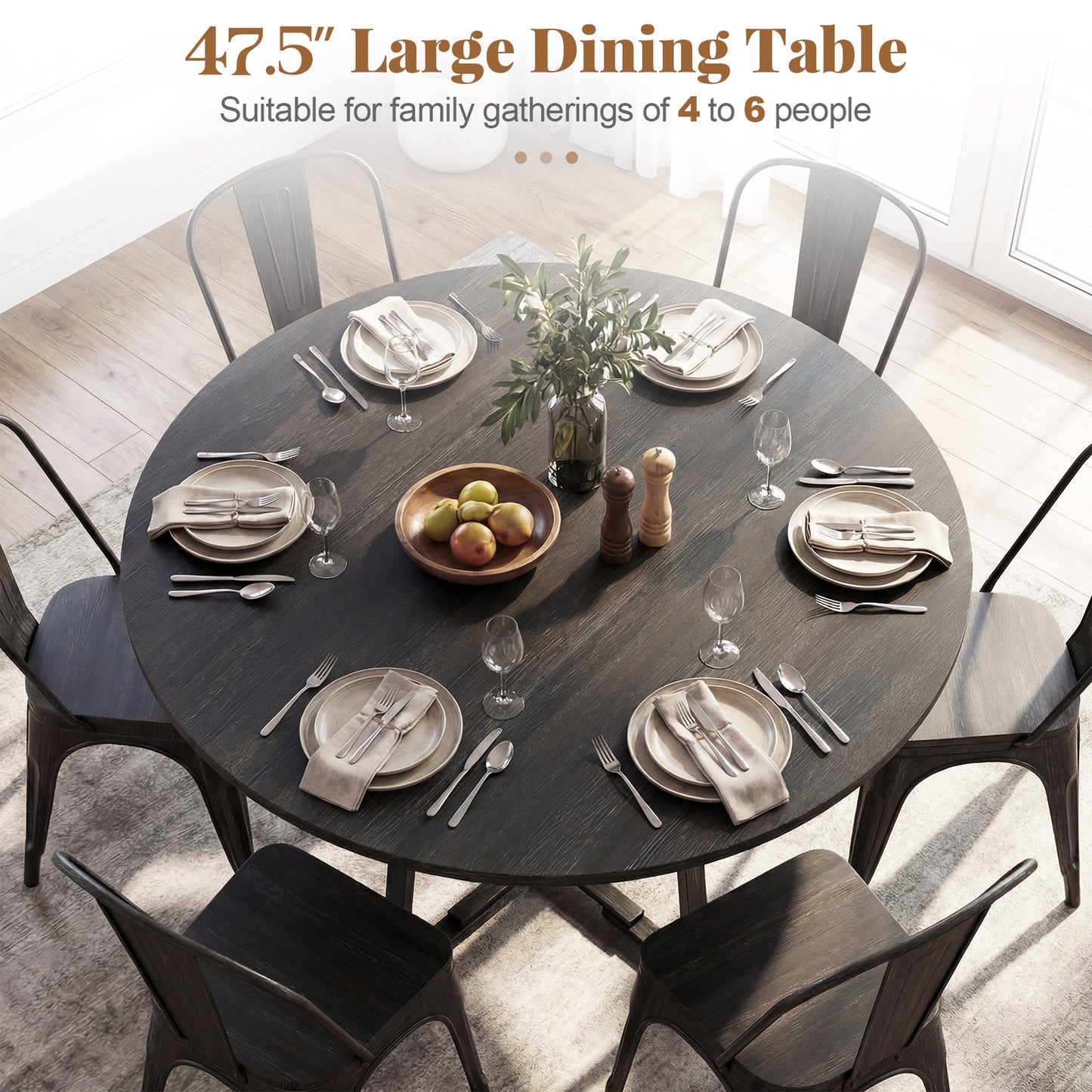 Round Dining Table for 4-6 with Storage Shelf and Metal Legs-Black