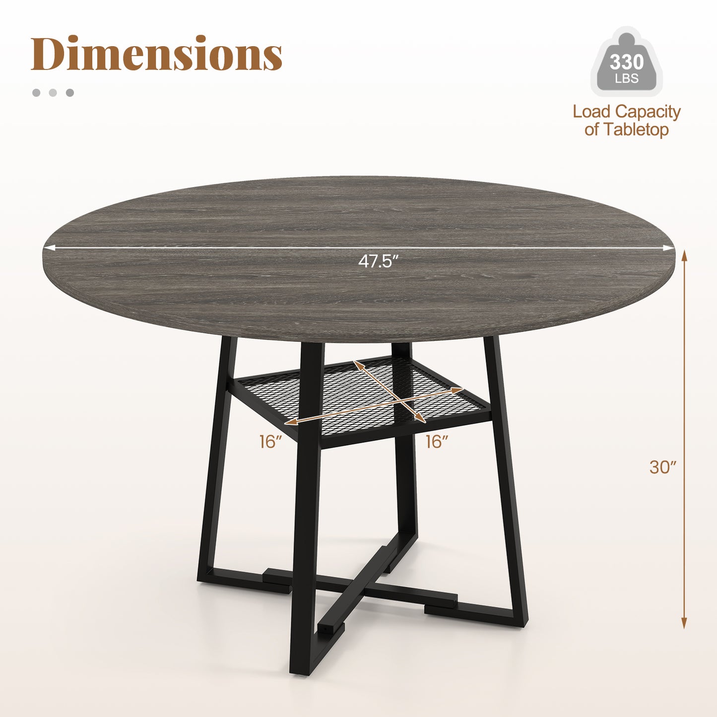 Round Dining Table for 4-6 with Storage Shelf and Metal Legs-Black
