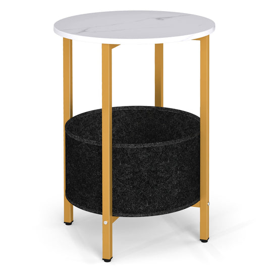 Round End Table 2-Tier Side Table with Removable Fabric Basket and Metal Frame-Rustic Brown