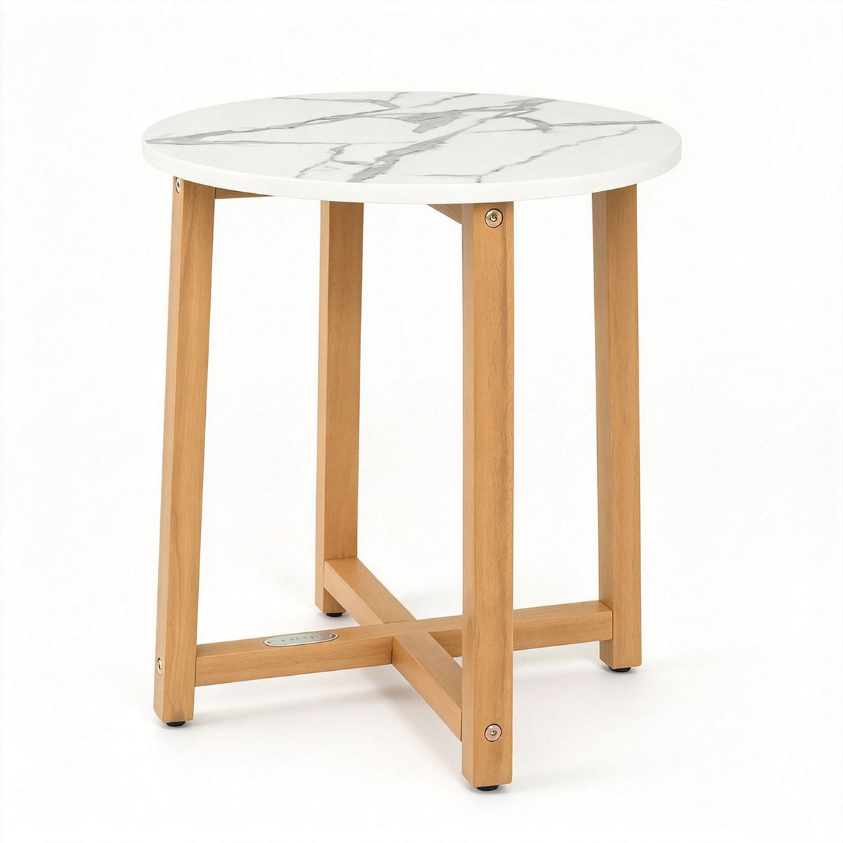 Pair of round end tables with faux marble tops and acacia wood legs, modern living room furniture by Wilsons Home Store
