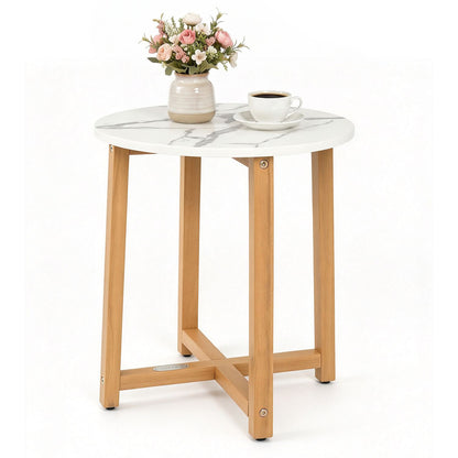 Pair of round end tables with faux marble tops and acacia wood legs, stylish living room furniture by Wilsons Home Store