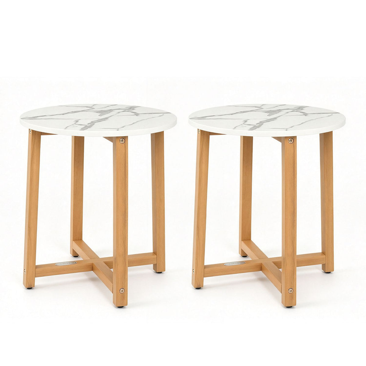 Pair of round end tables with faux marble tops and acacia wood legs, ideal for living room decor.